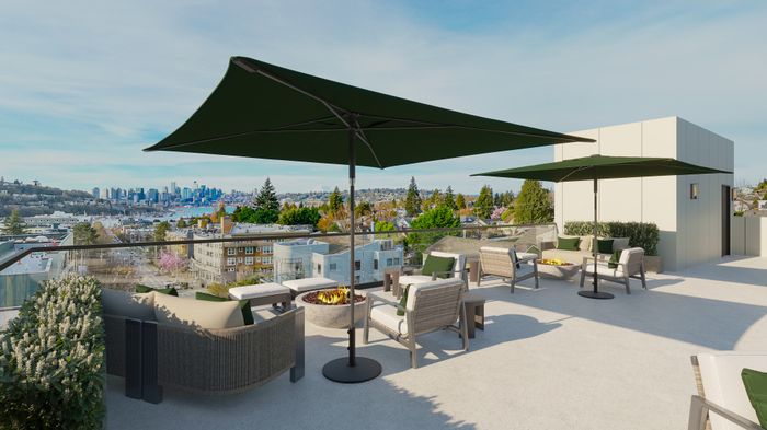 Chic rooftop terrace with modern lounge seating, large umbrellas, a cozy fire pit, and panoramic city skyline views.