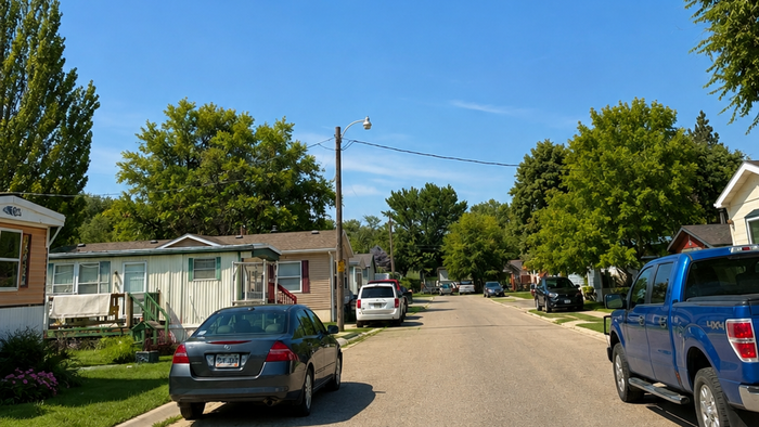 Charming residential street with lush greenery and cozy homes under a bright blue sky, ideal for serene suburban living.
