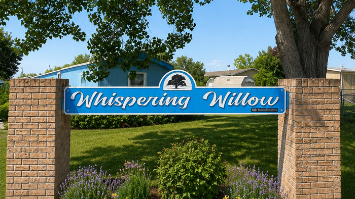 Inviting Whispering Willow signboard in a tranquil, lush setting featuring manicured gardens and vibrant greenery.