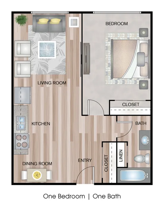 Contemporary one-bedroom floor plan with open-concept living room and kitchen, highlighting streamlined design and cozy dining area.