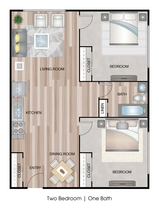 Modern two-bedroom floor plan featuring a spacious living room, a cozy kitchen, and a well-designed dining area with one bathroom, optimized for comfort and style.