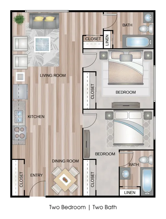 Modern floor plan showcasing two bedrooms, two baths, open living area, sleek kitchen, and cozy dining room.