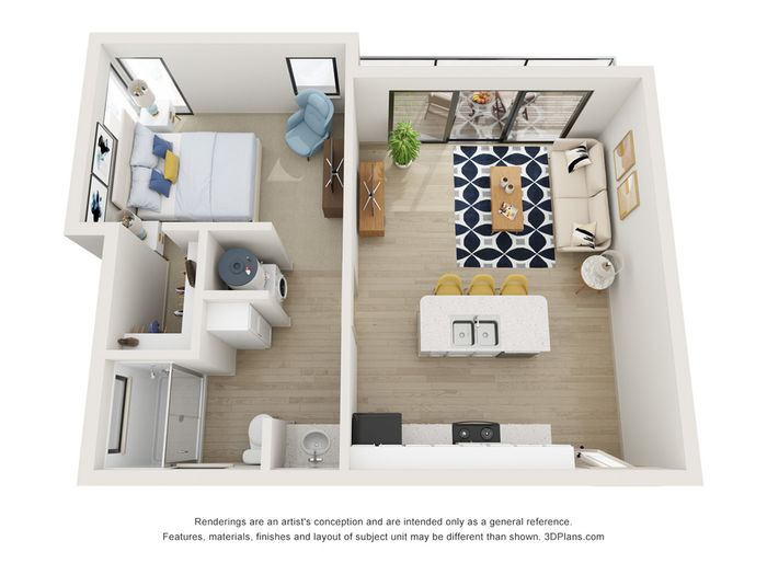 Chic 2D floor plan featuring a cozy bedroom, a modern open-concept living area with a stylish lounge, and a sleek kitchen island, designed for comfort and elegance.
