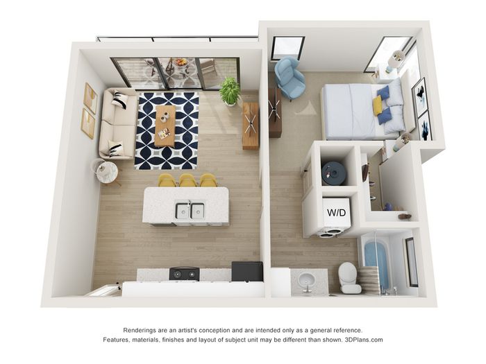 Modern 1-bedroom 3D floor plan featuring an open-concept living area, cozy bedroom, and stylish kitchen with breakfast bar.