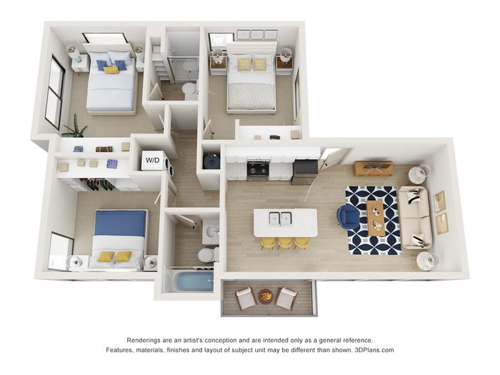 Modern 3D floor plan showcasing 2 bedrooms, sleek kitchen, and cozy living area with balcony access.