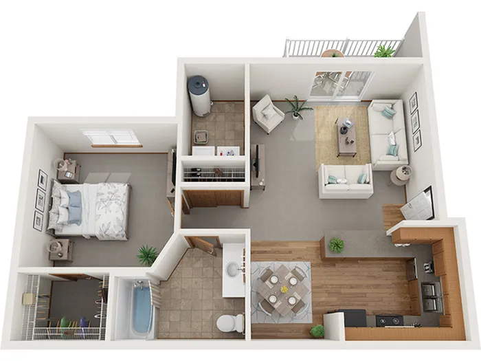Modern 3D floor plan highlighting 1 spacious bedroom, an inviting living room, and a contemporary kitchen with adjacent dining area. Includes a sleek bathroom and private balcony for a cozy urban lifestyle.