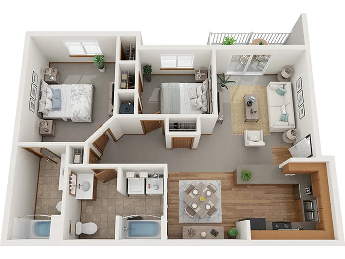 Modern 2D floor plan showcasing 2 bedrooms, a bright living room, open kitchen with dining area, and private balcony. Stylish design for comfortable living.
