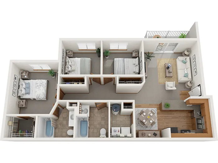 Modern 3D floor plan showcasing 3 bedrooms, a cozy living room, and an elegant open-plan kitchen with a dining area, complemented by two stylish bathrooms. Features natural lighting and a charming balcony space.
