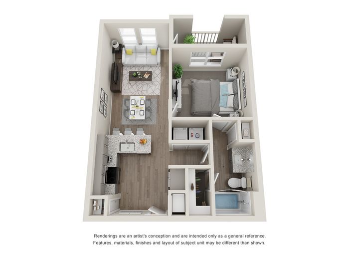 Charming 3D floor plan showcasing a contemporary one-bedroom apartment with an open living area, stylish kitchen, and modern amenities.
