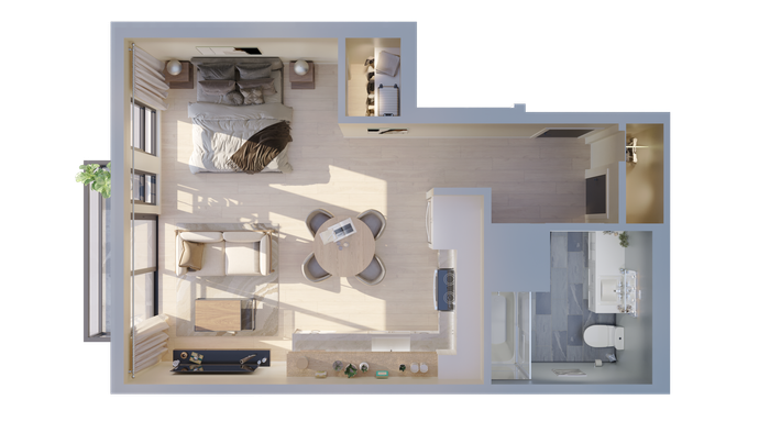 Contemporary studio apartment floor plan featuring a cozy bedroom with natural light, open-concept living and dining area, modern kitchen, and sleek bathroom design.