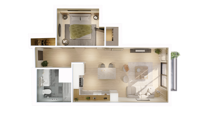 Chic 1-bedroom floor plan showcasing an open-plan living area with a sleek kitchen island and a sunlit lounge, complemented by modern decor and lush greenery.