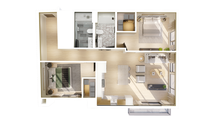 Modern 3D floor plan showcasing 2 bedrooms, an elegant open-concept living and dining area, and a sleek kitchen bathed in natural light.