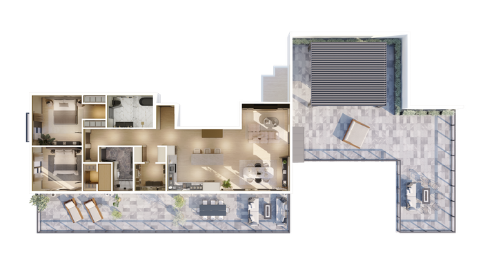 Elegant 2D floor plan showcasing a luxurious two-bedroom apartment with open living spaces, modern kitchen, and expansive terrace featuring outdoor seating and dining areas.