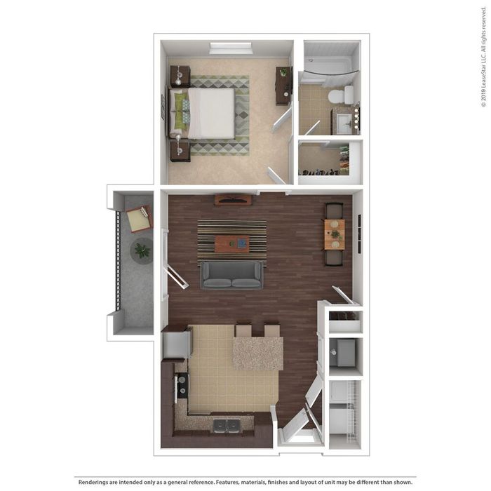 Modern 3D floor plan showcasing a 1-bedroom apartment with an open-concept living area, cozy kitchen, and private balcony.