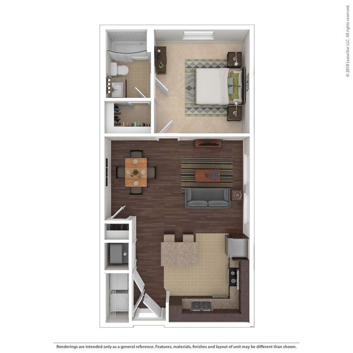 Chic 1-bedroom apartment floor plan with open-concept living and dining area, modern kitchen, and cozy bedroom with attached bathroom.