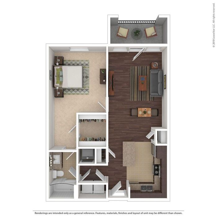 Chic apartment floor plan showcasing 1 bedroom, open living area with stylish furniture, modern kitchen, and cozy balcony.