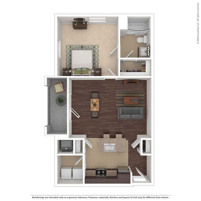 Modern 2D floor plan displaying one-bedroom apartment with an airy living area, sleek kitchen, and private balcony.