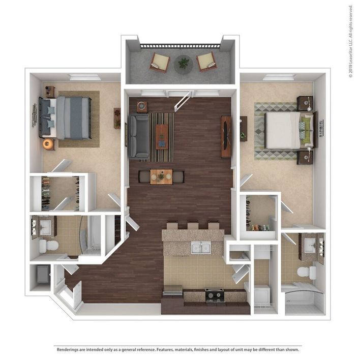 Modern 2D floor plan showcasing 2 bedrooms, elegant living area, and spacious kitchen, complemented by a cozy balcony.