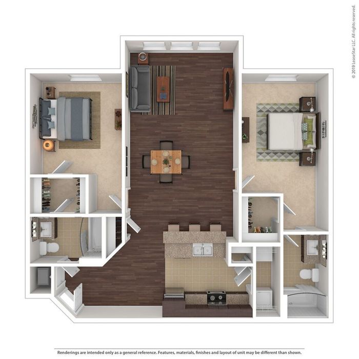 Modern 2D floor plan featuring 2 bedrooms, an elegant open living space, and a contemporary kitchen layout.