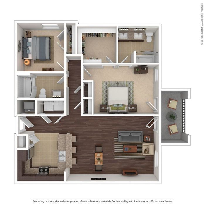 Modern 3D floor plan featuring 2 bedrooms, a spacious open-concept living area, well-equipped kitchen, and two bathrooms, complete with a private balcony for relaxing.