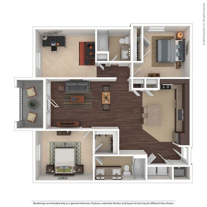 Contemporary 2D floor plan showcasing two spacious bedrooms, a cozy home office, elegant living area, and a modern open-concept kitchen with dining space.