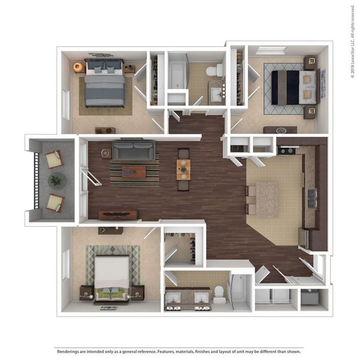 Chic apartment floor plan showcasing two spacious bedrooms, an elegant open-concept living area, and a modern kitchen with ample dining space.