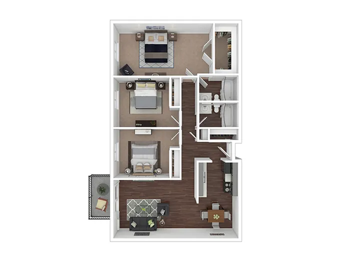 Modern 3D floor plan highlighting 3 bedrooms, stylish living area, sleek kitchen, and private balcony.
