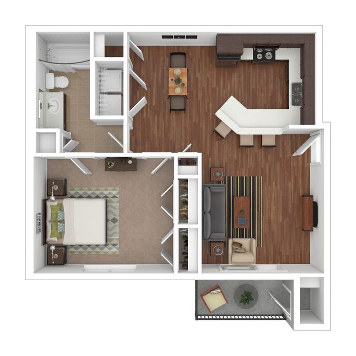 Charming 1-bedroom apartment floor plan showcasing open-concept living area, modern kitchen with breakfast bar, and private balcony.
