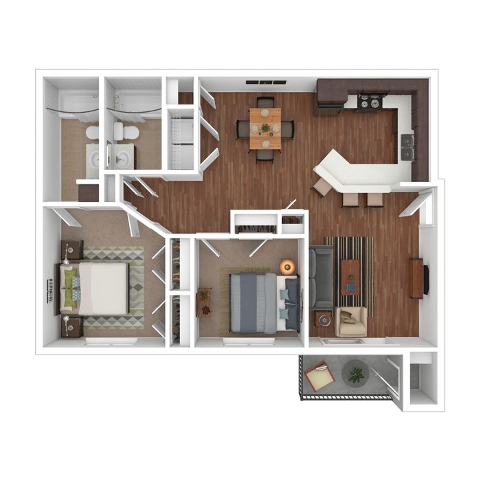 Modern 3D floor plan featuring an elegant 2-bedroom layout, showcasing an open-concept living room, stylish kitchen, and dining area. Includes two bathrooms and a cozy balcony space.
