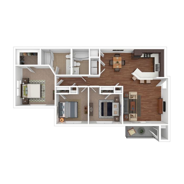 Modern 3D floor plan featuring 2 bedrooms, cozy living area, stylish kitchen, and balcony space.
