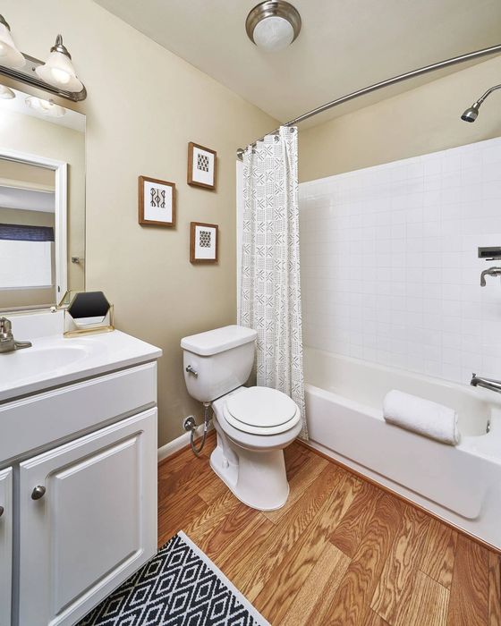 Frederick Apartments - Willowdale Crossing - Bathroom With Wood-Style Flooring, Vanity Mirror, Sink, Toilet, And A Shower/Tub Combo