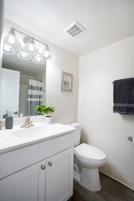 Apartments in Boothwyn, PA, for Rent - Willowbrook - Bathroom with Wood-Style Flooring, Towel Rack, Vanity with White Countertops, White Cabinetry, and Large Mirror with Lighting.