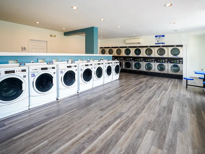 Apartments for Rent in Wilmington, DE - Greenview at Chestnut Run - Community Laundry Room with Wood-Style Flooring, Washers and Dryers, and Cafeteria-Style Table with Attached Stools.