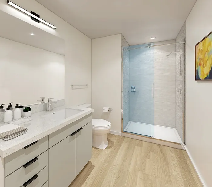 2 BR Apartments In Lancaster, PA - 202 Queen Apartments - Bathroom With Wood-Style Flooring, High-End Designer Finishes, Quartz Countertops, White Cabinetry, And Standing Shower