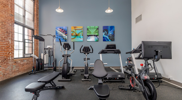 2-Bedroom Apartments in Allentown, PA - The Mill - Fitness Center with Modern Equipment, Oversized Windows, and a Mirrored Accent Wall