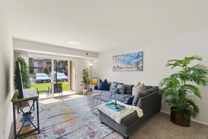 Comfortably furnished living area with a seating area, TV, and large plants.