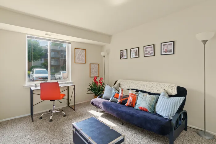 Bel Air, MD apartment living area with a navy blue futon, throw pillows, navy chest, and small work station.