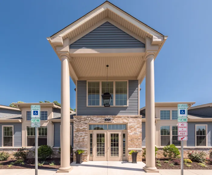 Outdoor view of the clubhouse at Apartments at Bel Air in Bel Air, MD.
