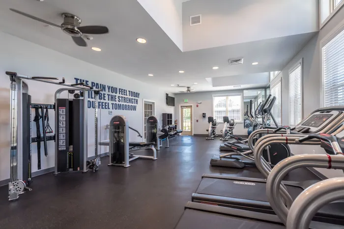 Apartment fitness studio with natural light and various exercise equipment.