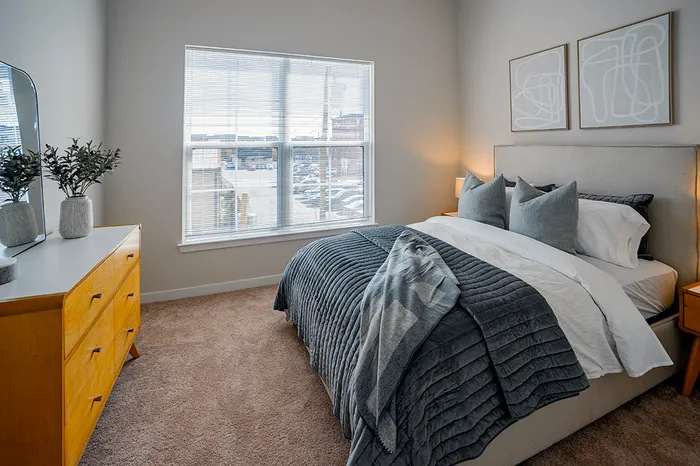 Cozy bedroom with a large window, queen-sized bed with gray bedding, soft pillows, and light wooden furniture.