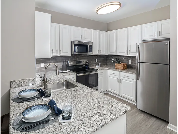 Dog-Friendly Apartments in Plymouth Meeting, PA - Plymouth Pointe - Kitchen with Stainless Steel Appliances, White Cabinets with Grey-Granite Countertops, and Wood-Style Plank Flooring