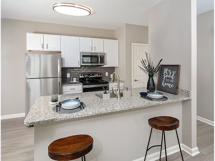 Dog-Friendly Apartments in Plymouth Meeting, PA - Plymouth Pointe - Kitchen with Stainless Steel Appliances, White Cabinets with Grey-Granite Countertops, and Wood-Style Plank Flooring