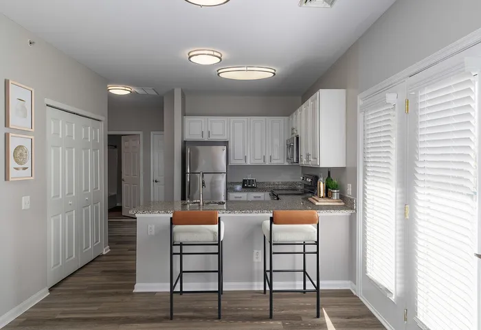 Dog-Friendly Apartments in Plymouth Meeting, PA - Plymouth Pointe - Kitchen with Stainless Steel Appliances, White Cabinets with Grey-Granite Countertops, and Wood-Style Plank Flooring
