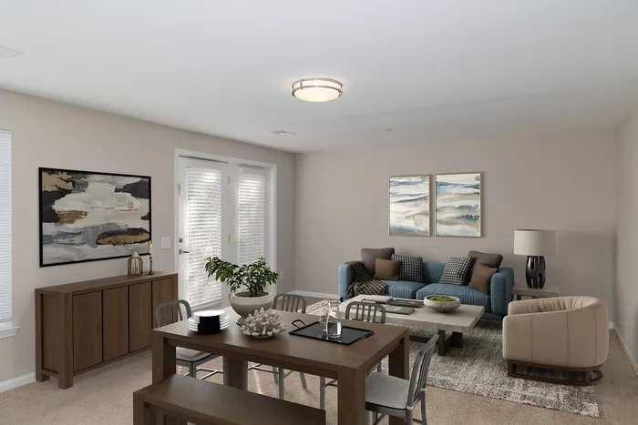 Dog-Friendly Apartments in Plymouth Meeting, PA - Plymouth Pointe - Kitchen with Stainless Steel Appliances, White Cabinets with Grey-Granite Countertops, and Wood-Style Plank Flooring