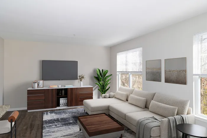 Dog-Friendly Apartments in Plymouth Meeting, PA - Plymouth Pointe - Kitchen with Stainless Steel Appliances, White Cabinets with Grey-Granite Countertops, and Wood-Style Plank Flooring
