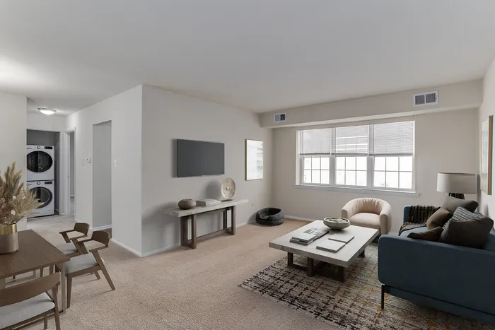 1 BR Apartments in Boothwyn, PA - Willowbrook - Furnished Bedroom with Carpeted Floor, Bed, Wooden Nightstand and Dresser, Windows and Decor.