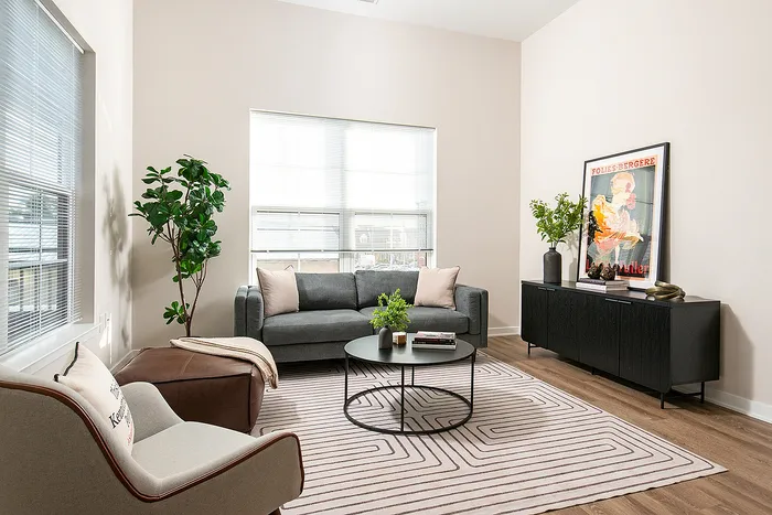 Stylish living room with a modern gray sofa, chic decor, and abundant natural light.