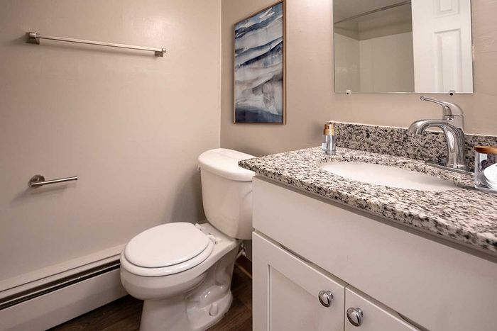 Elegant bathroom with granite countertop, modern fixtures, and serene artwork.