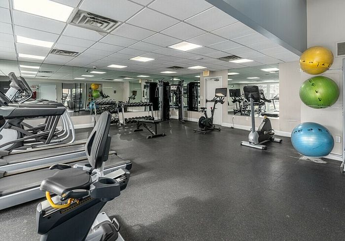 Spacious gym with modern equipment including treadmills, exercise bikes, and stability balls.