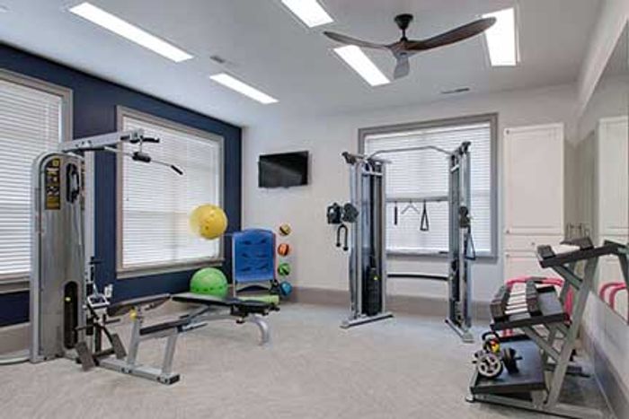 Modern fitness center with state-of-the-art equipment, including weight machines and exercise balls